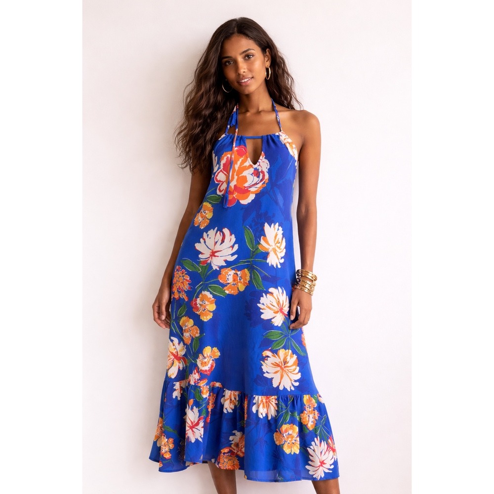 Altar'd State Colorful Blue Floral Halter Maxi Dress Keyhole Ruffle Hem Womens M
